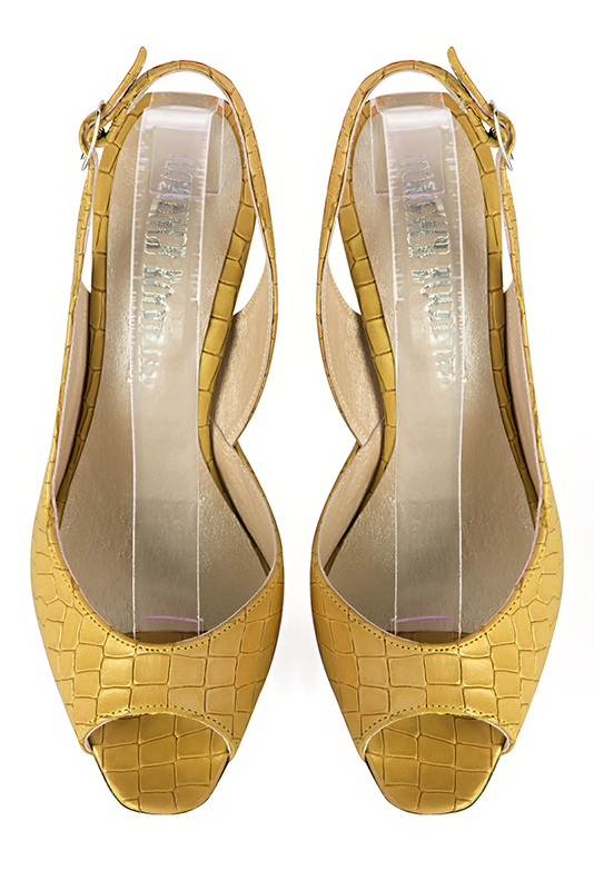 Mustard yellow women's slingback sandals. Round toe. High slim heel. Top view - Florence KOOIJMAN